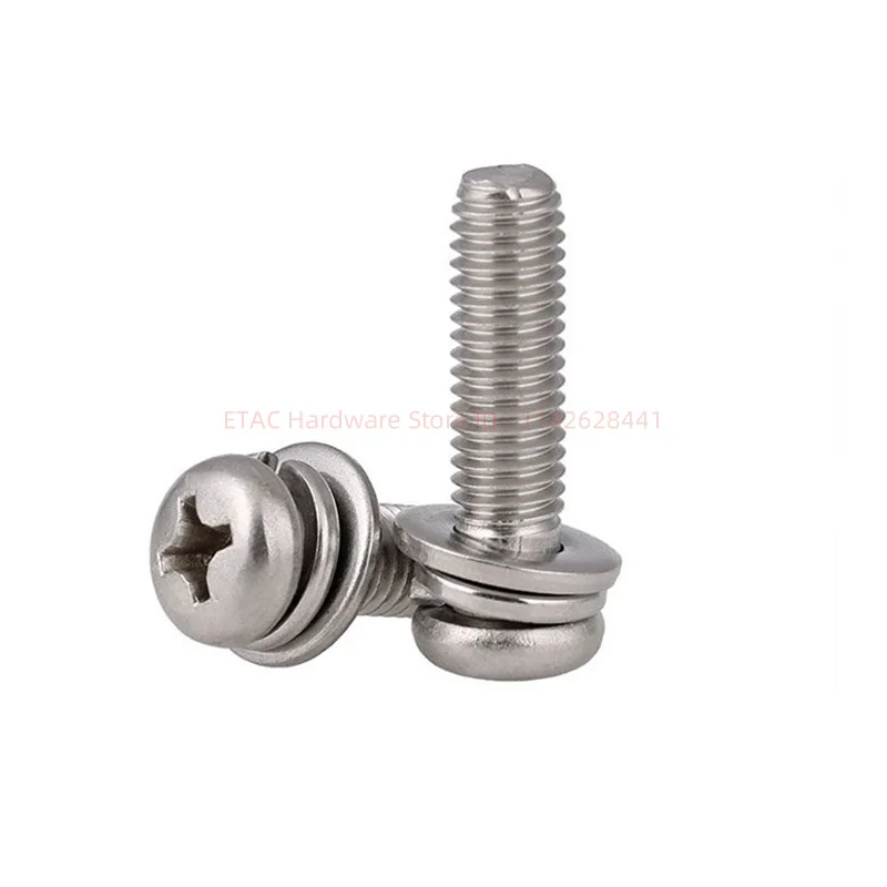 GB9074.8 304 Steel Phillips Cross Pan Round Head Screw Bolts Elastic Spacer Gasket Washer Sets 4-100mm Length M2 M2.5 M3 M4-M10
