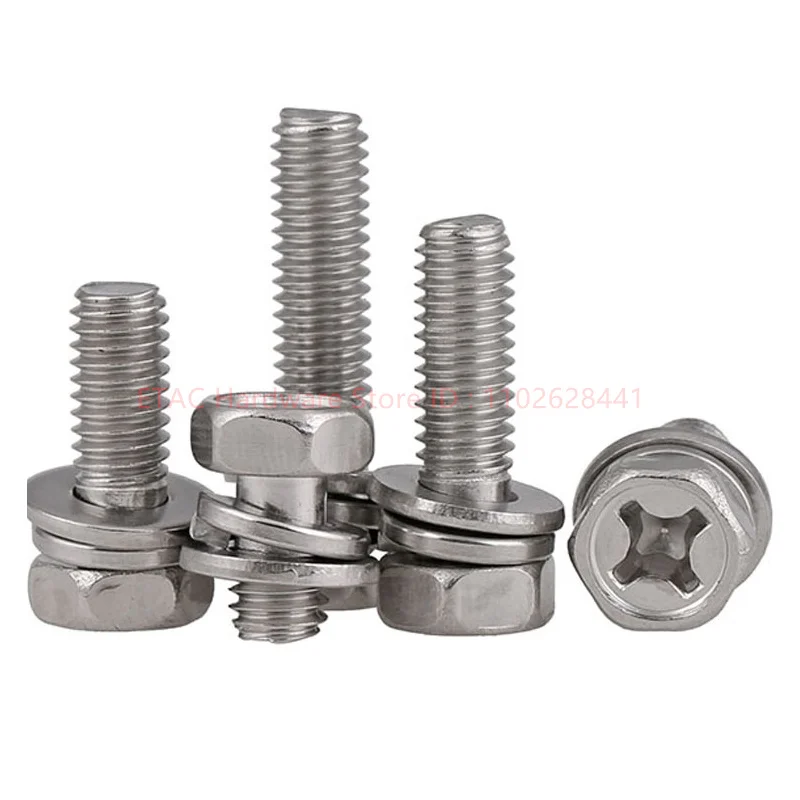 GB9074.13 304 Stainless Steel Cross Cavity Hex Screw+Spring Washer+Plain Gasket